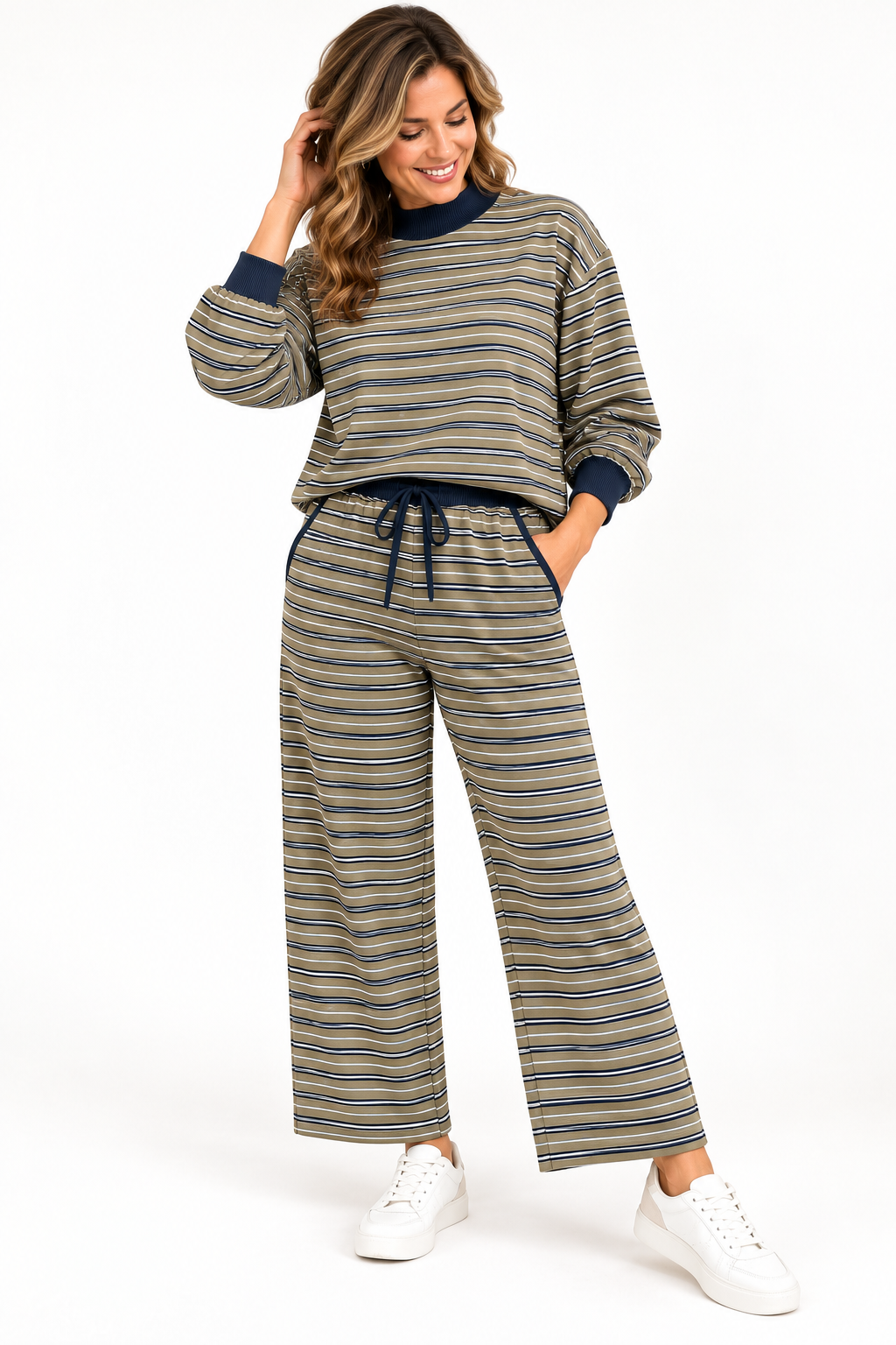 Women's Olive Striped Mock Neck & Ankle-Length Wide Leg Pants Set