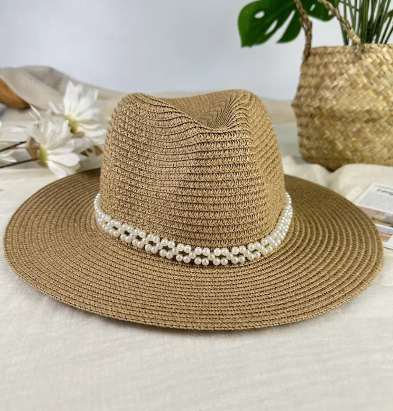 "Coastal Charm" Elegant French-Style Straw Sun Hat With Faux Pearl Chain - Wide Brim Panama Jazz Cap