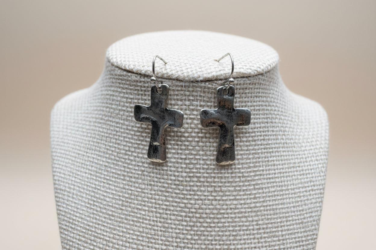 Natural Silver Cross Pendant and Earring Set