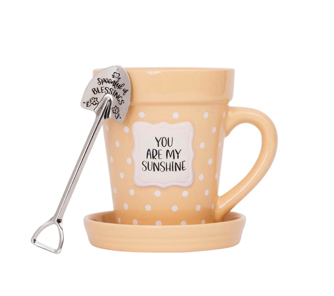 Flower Pot Mug “You are my Sunshine’ with saucer and spoon