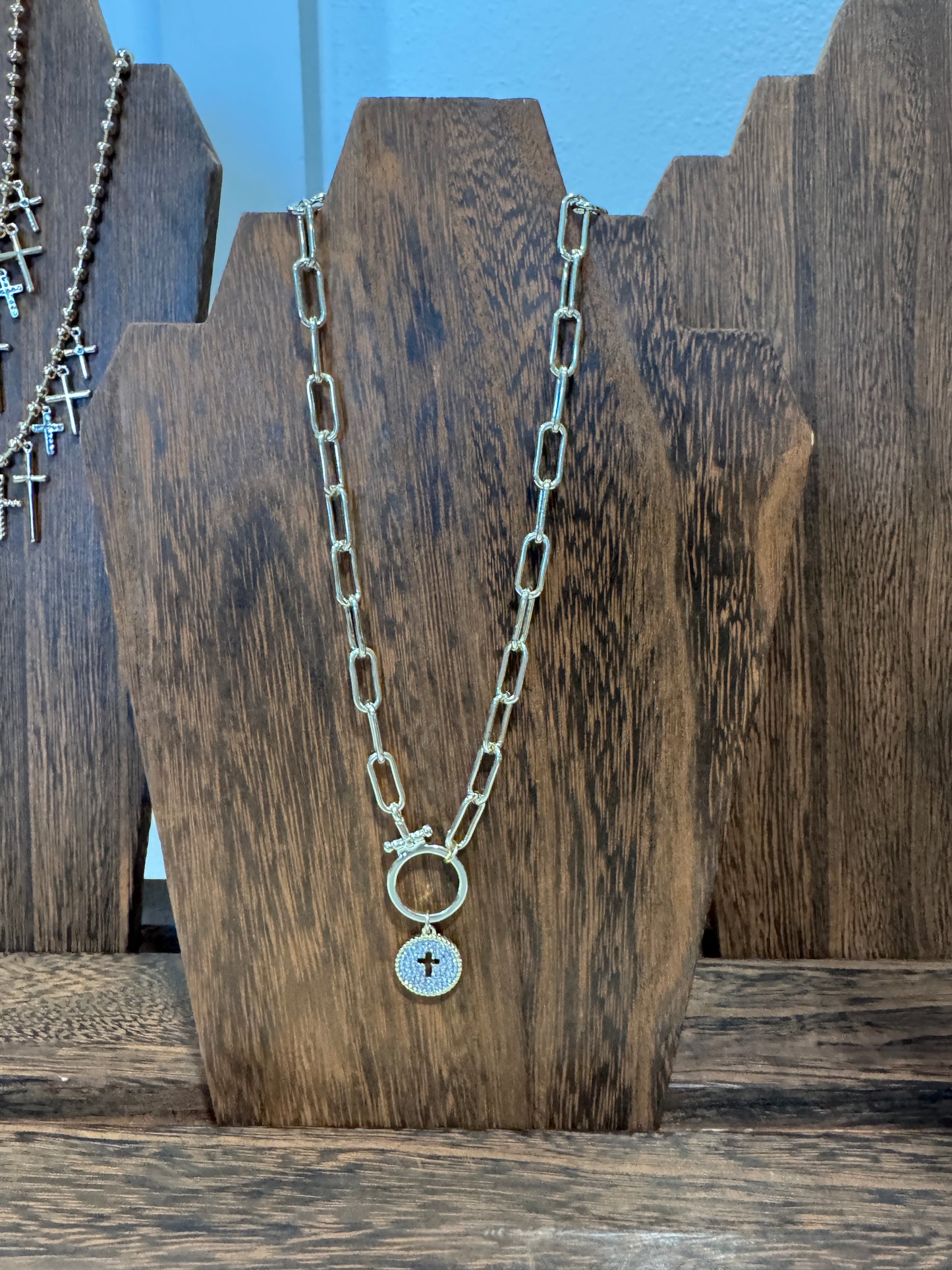 Gold Paper Clip Chain w/Cubic Zirconia Circular Open Cross Pendant