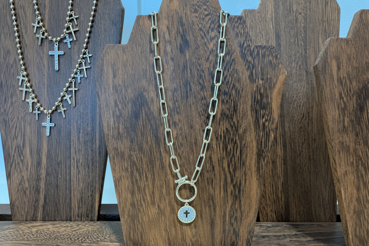 Gold Paper Clip Chain w/Cubic Zirconia Circular Open Cross Pendant
