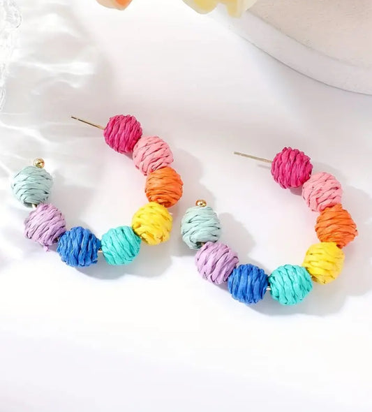 C Shape Colorful Raffia Ball Decor Hoop Earrings Bohemian Elegant Style Delicate Gift For Women Girls