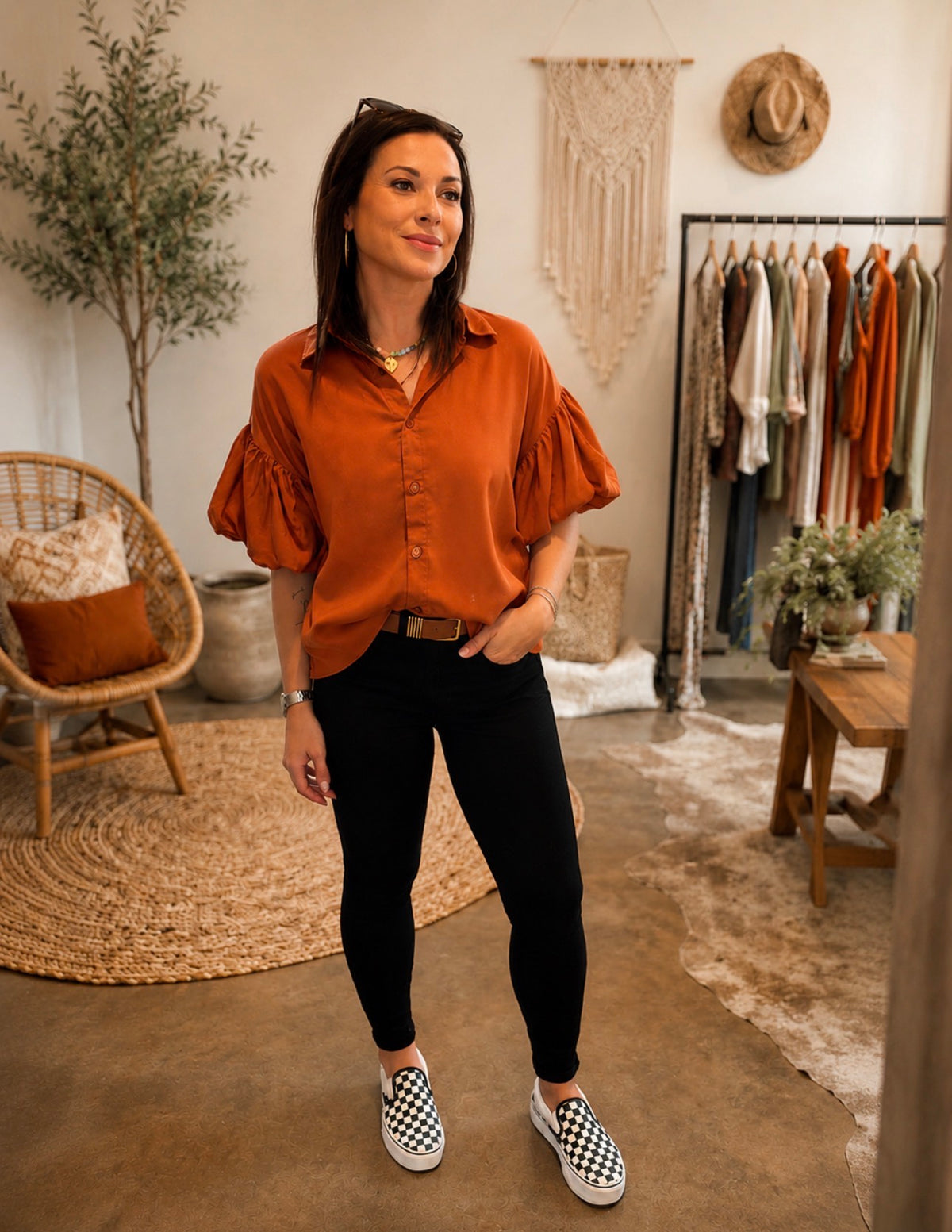 Tencel Puff Sleeve Button Front Shirt - Bombay Brown
