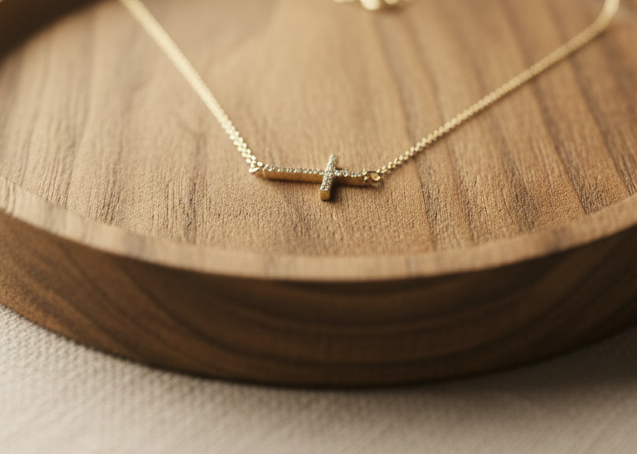 Gold Sideways CZ Cross Necklace