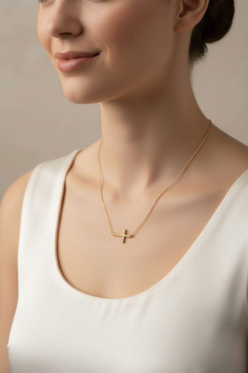 Gold Sideways CZ Cross Necklace