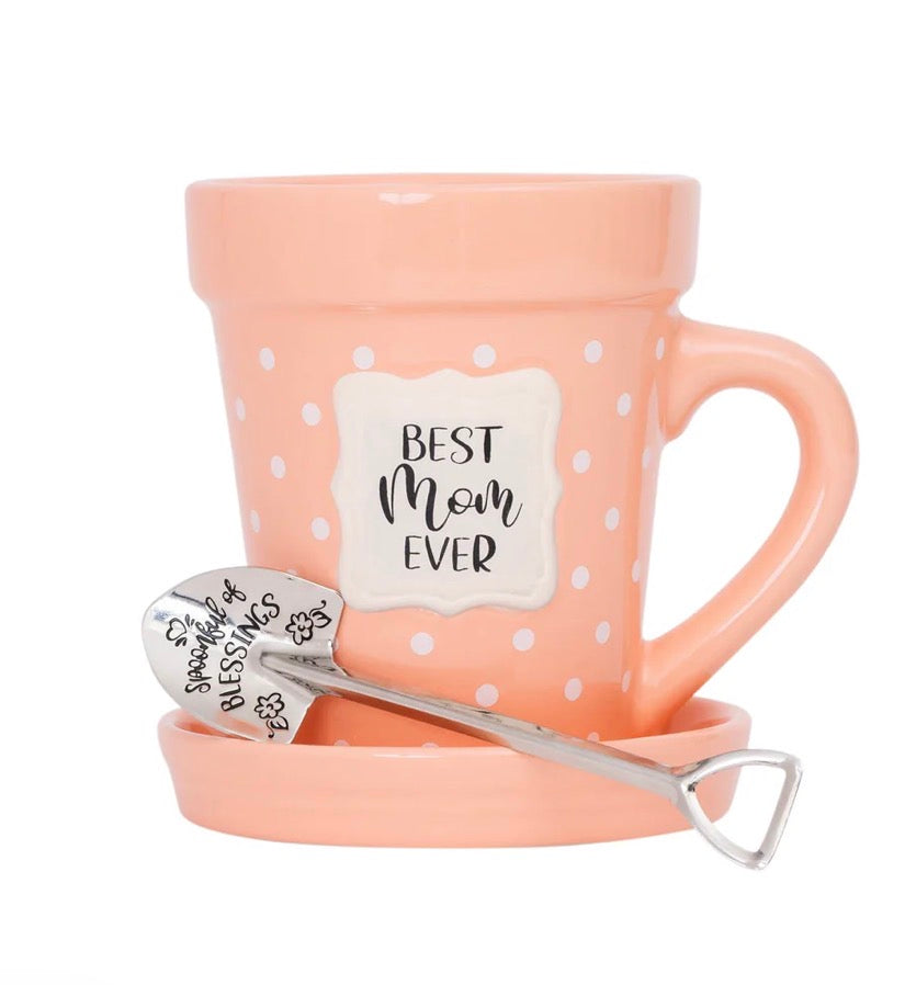 Flower Pot Mug “Best Mom Ever’ with saucer and spoon