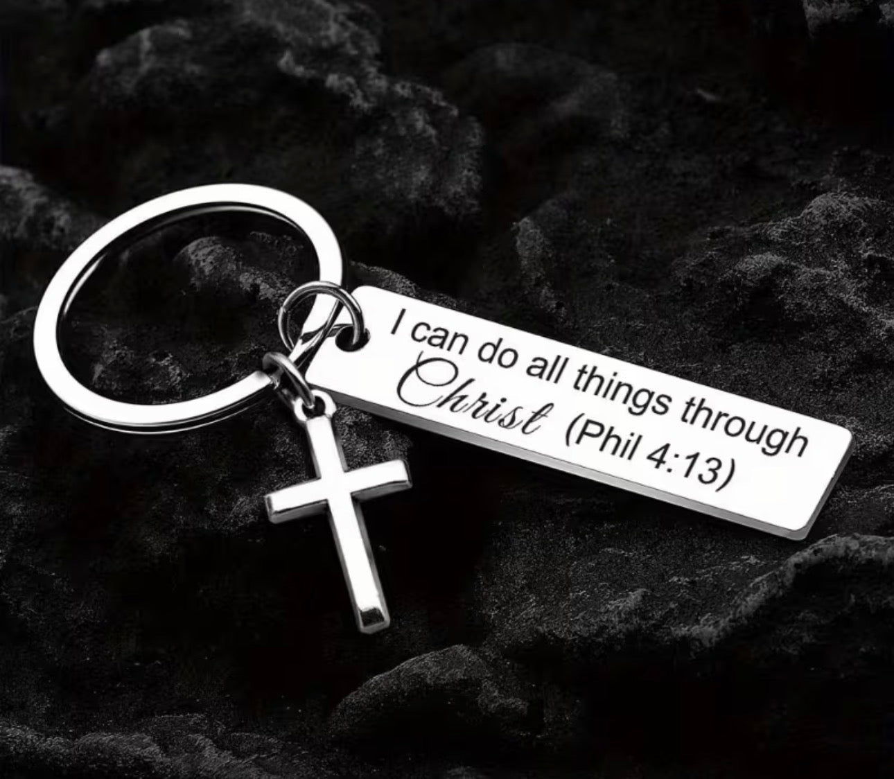 Silver Scripture Cross Keychain