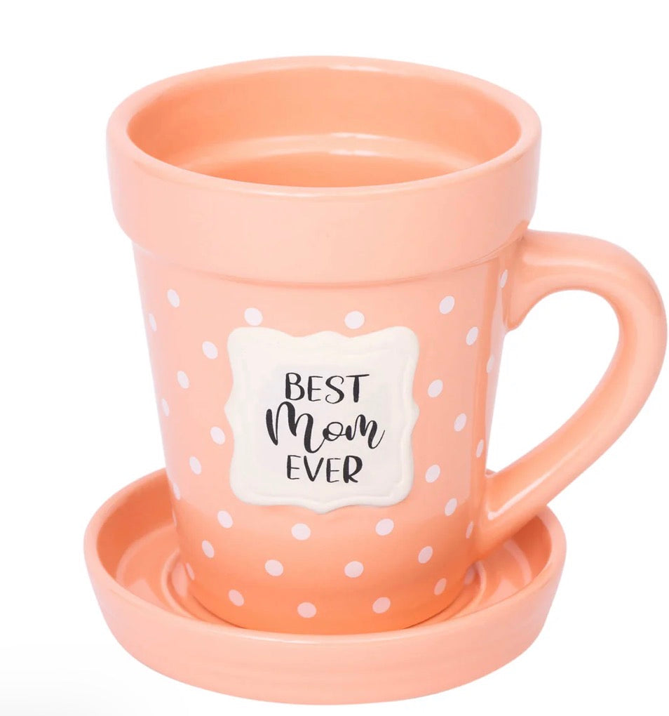Flower Pot Mug “Best Mom Ever’ with saucer and spoon