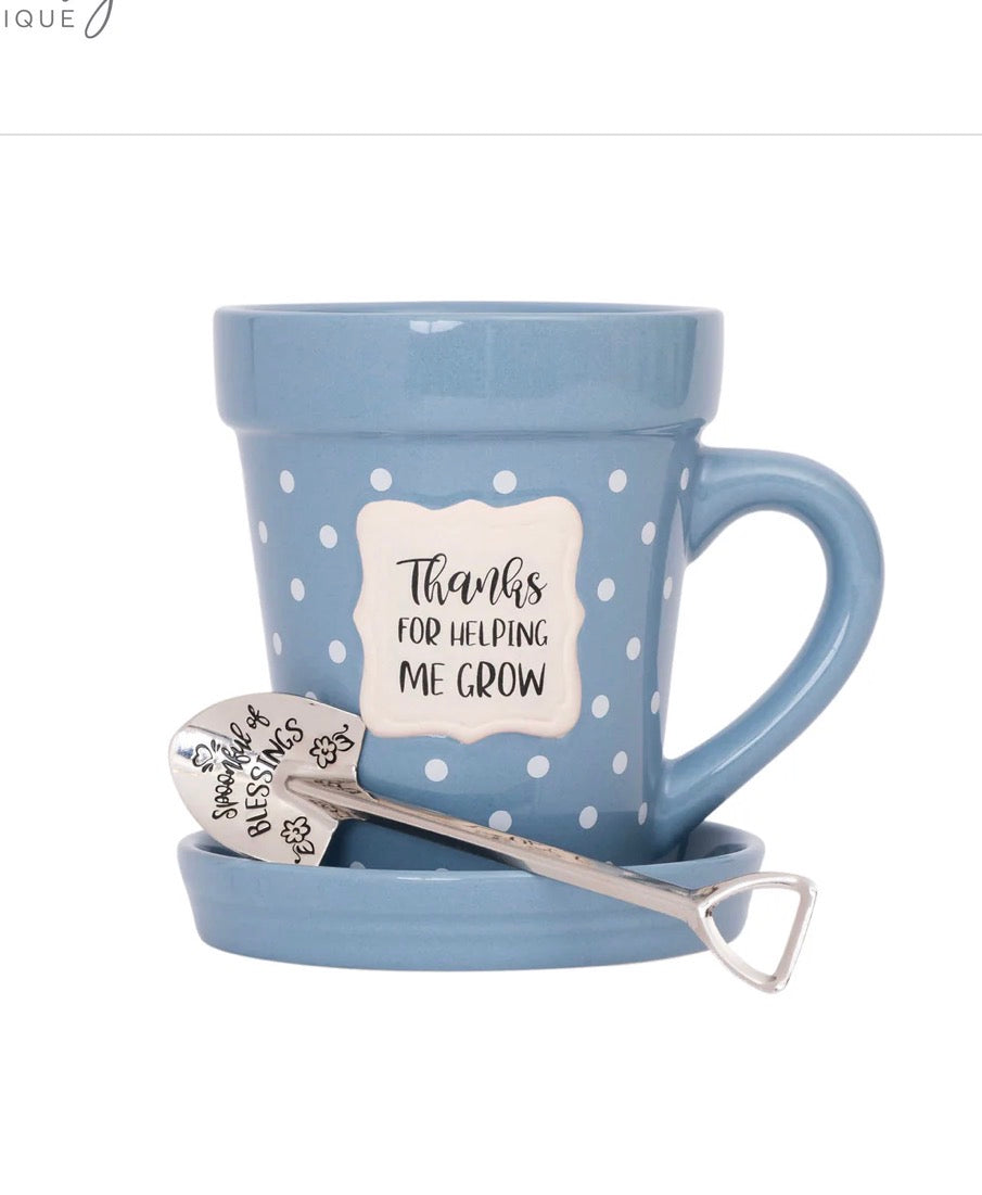 Flower Pot Mug “Thanks for Helping me Grow” with saucer and spoon
