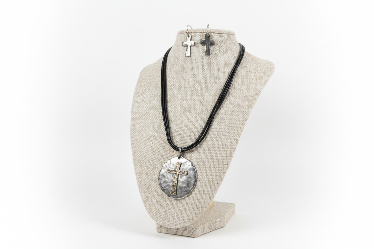 Natural Silver Cross Pendant and Earring Set