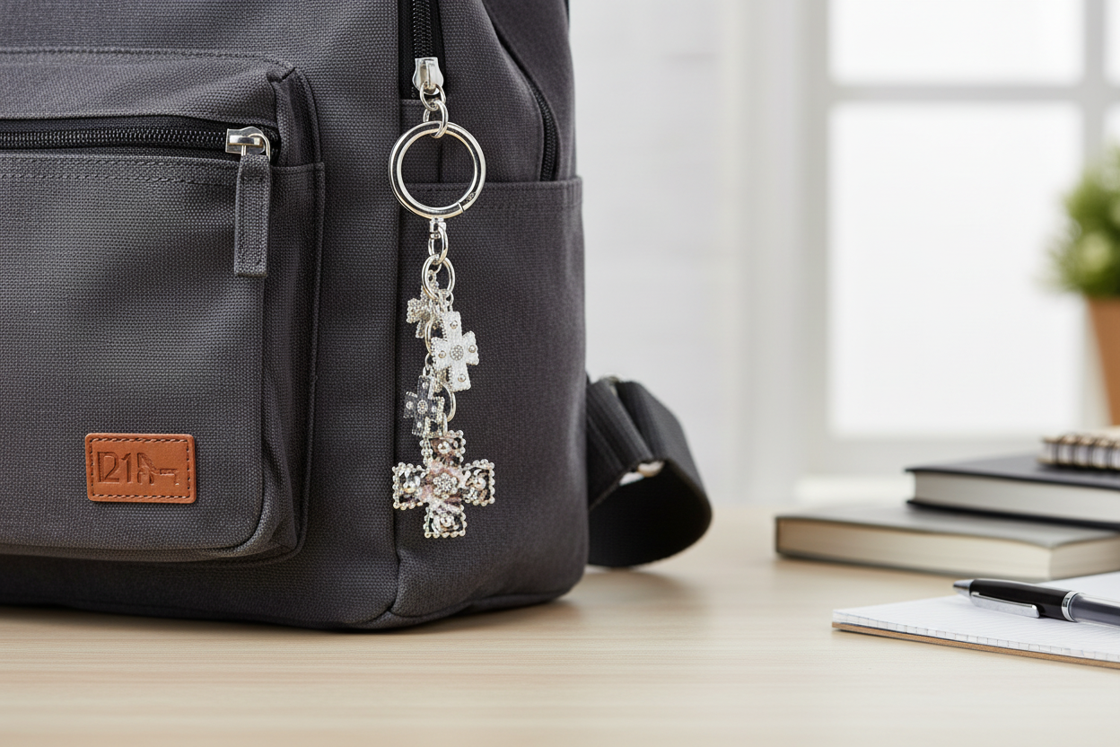 High‑Polish Silver Cross Charm Keychain