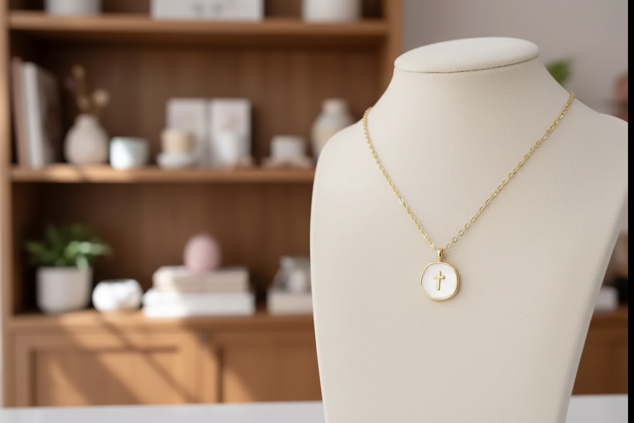 Golden circular cross pendant necklace ￼