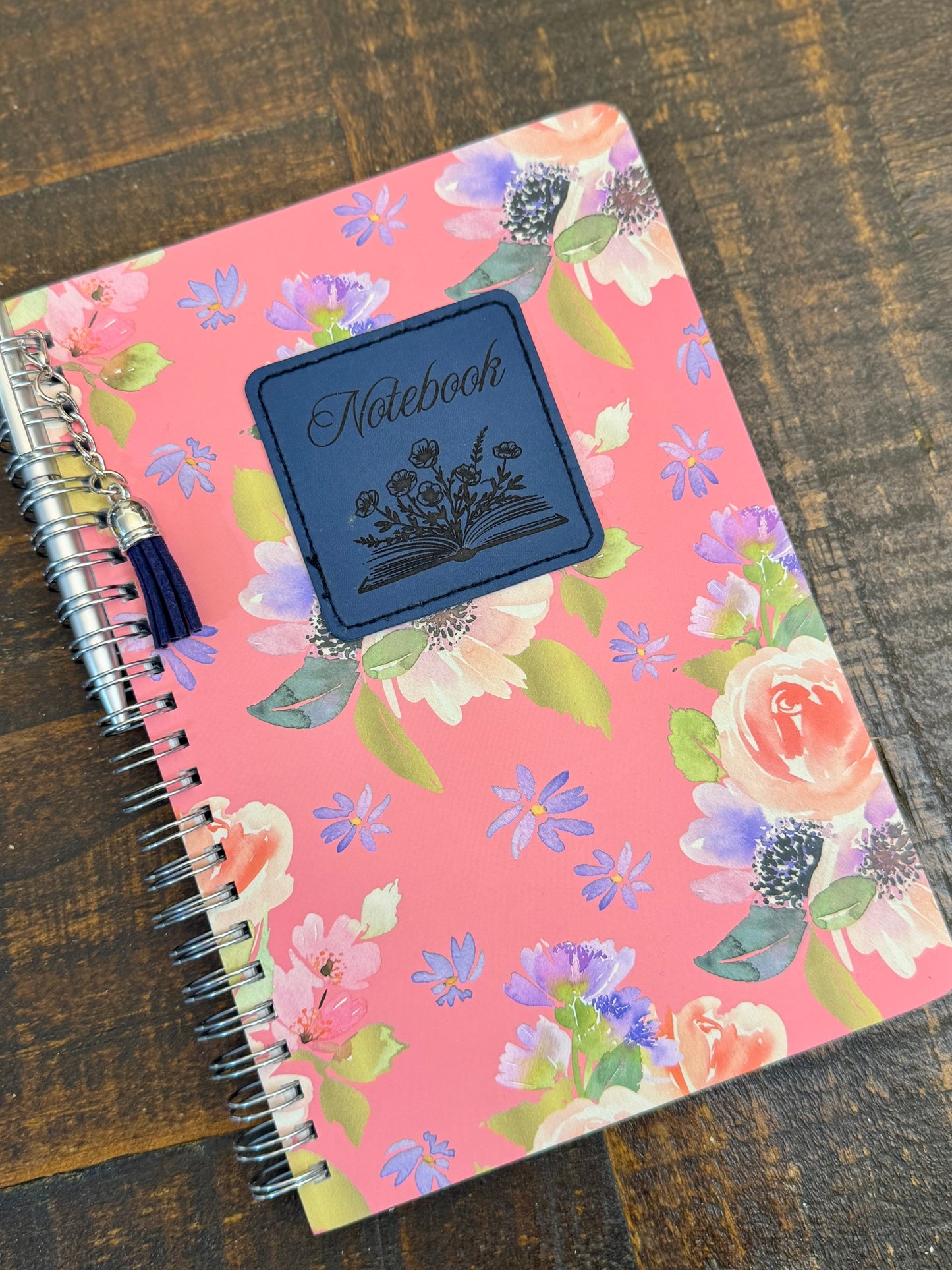 Floral Notebook w/ PU Leather engraved patch, removable tassel and mini pen