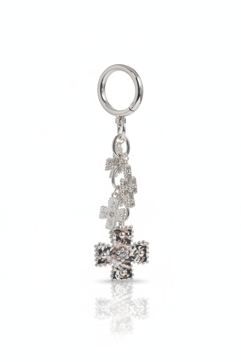 High‑Polish Silver Cross Charm Keychain