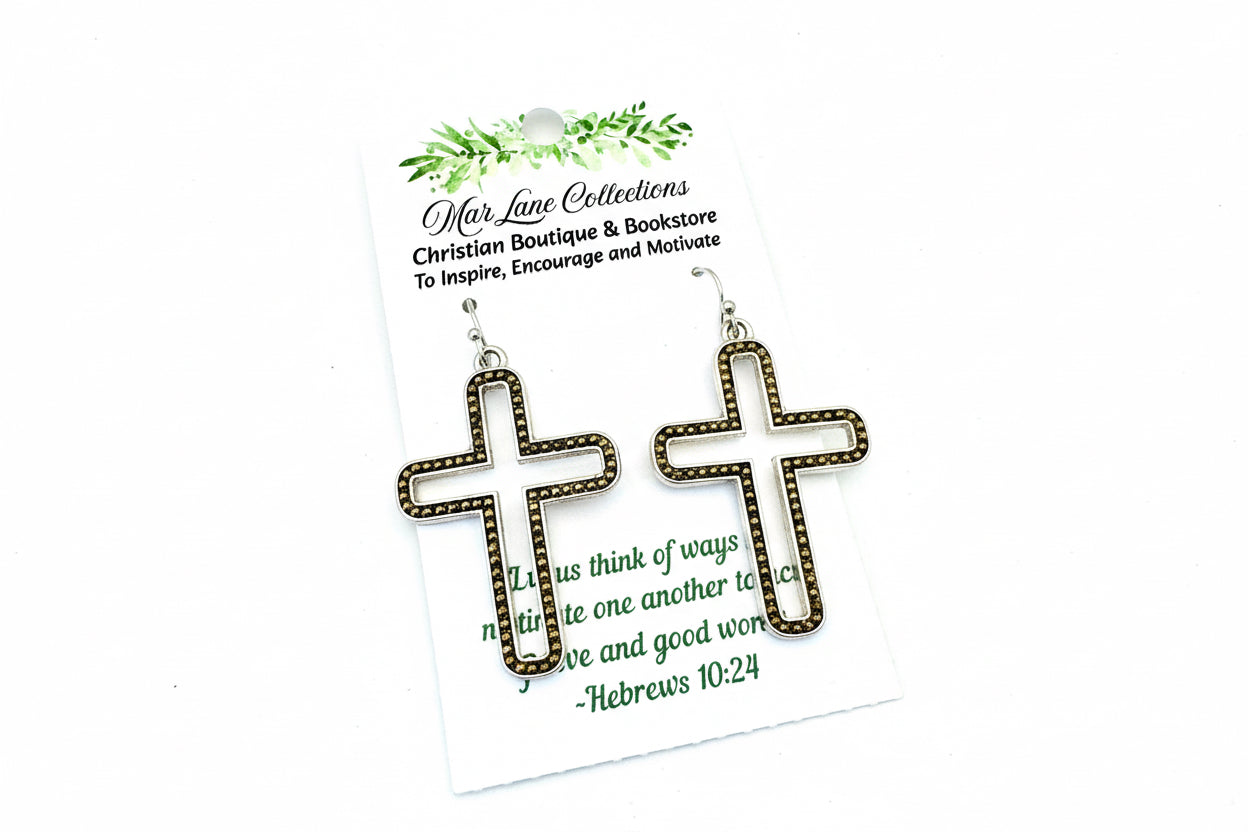 Gold and Silver Two-Toned Hollow Cross Earrings with Beaded Edge