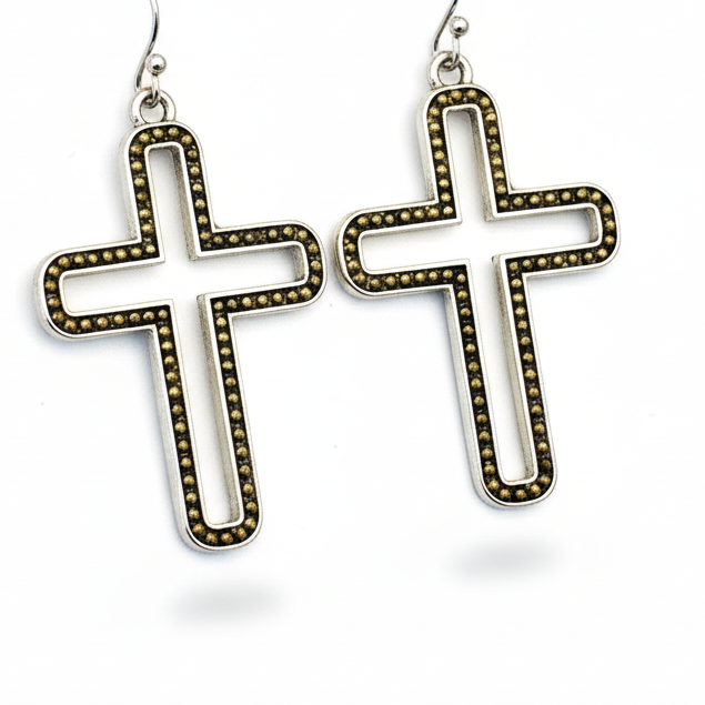 Gold and Silver Two-Toned Hollow Cross Earrings with Beaded Edge