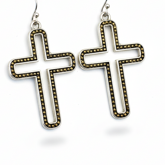 Gold and Silver Two-Toned Hollow Cross Earrings with Beaded Edge