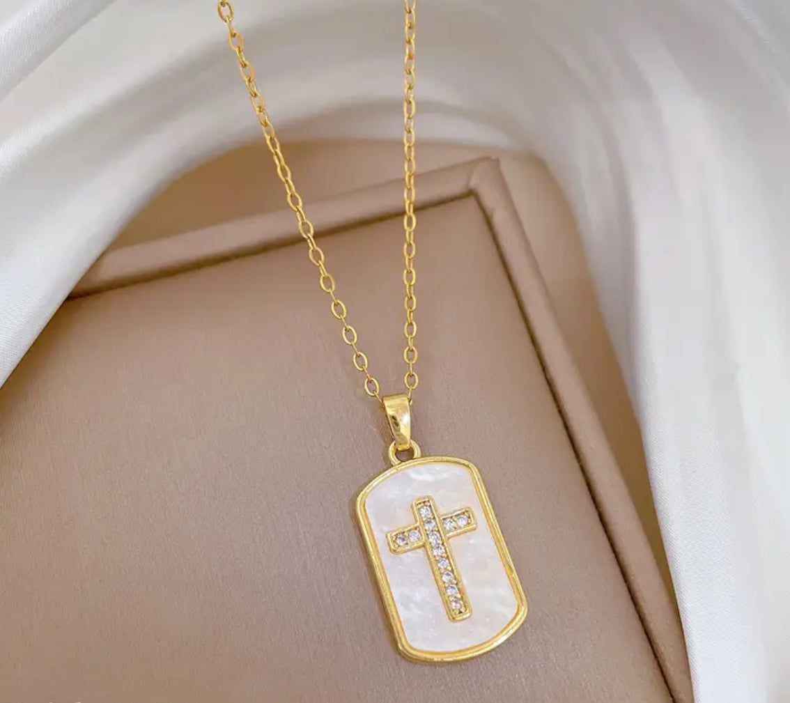 Golden-Toned Rectangular Pendant with Embellished Cross