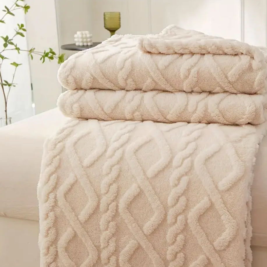 Creamy White Solid Color Jacquard Tower Blanket