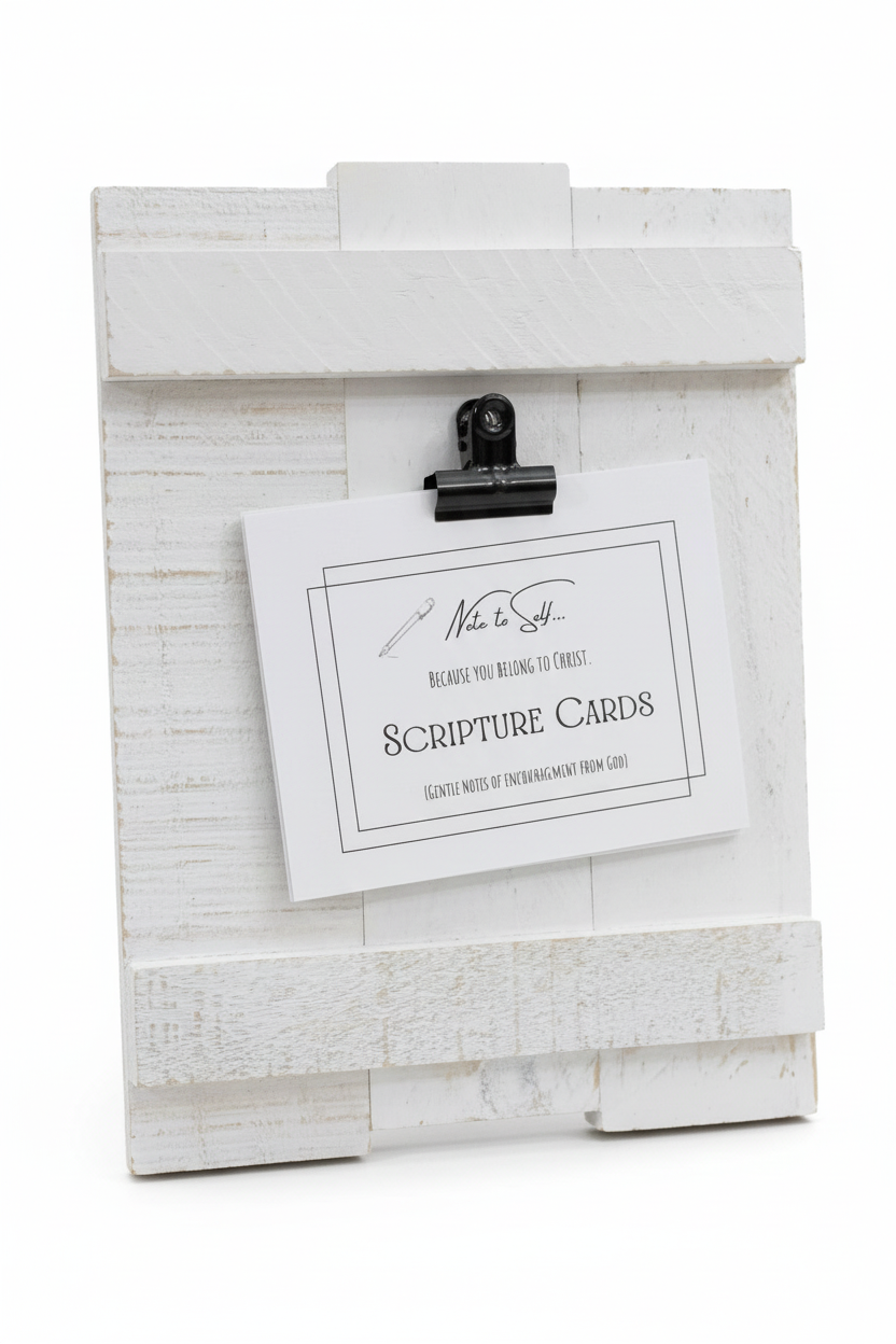 White farmhouse wood standing clipboard with a clip holding a card labeled 'Scripture Cards' on a white background