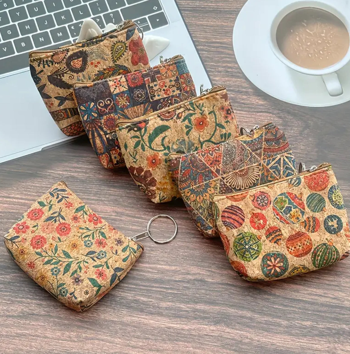 Vibrant Floral & Geometric Print Boho Cork Pouches with Keyring