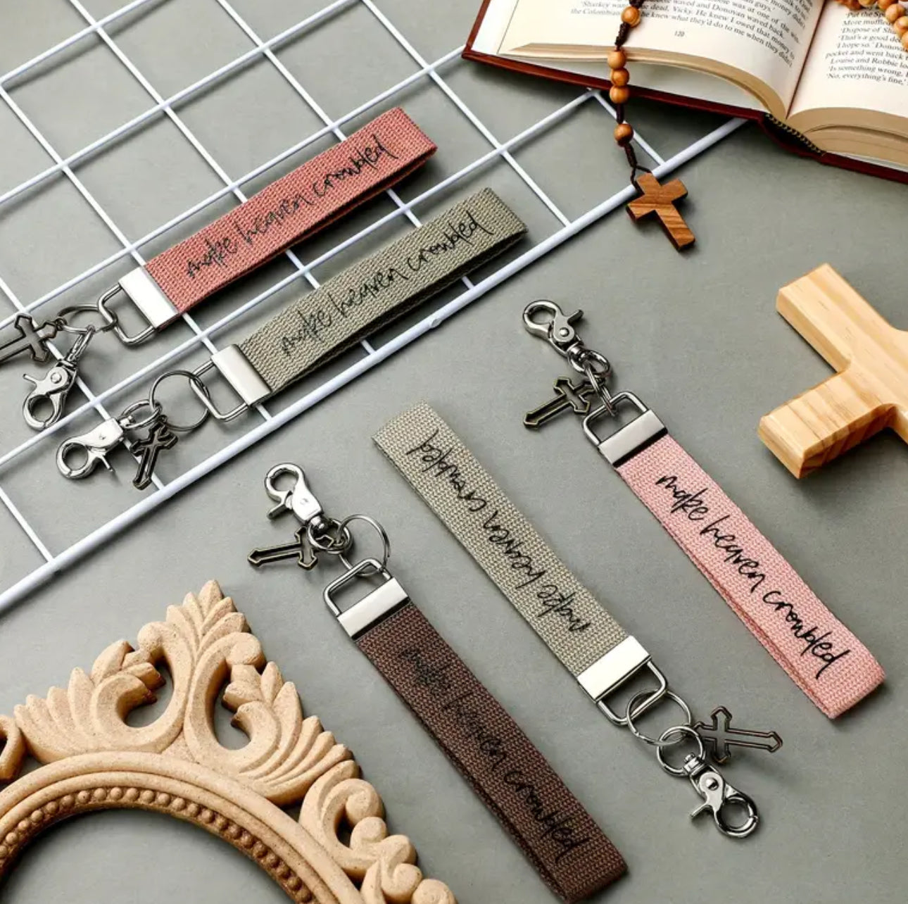 ‘Make Heaven Crowded’ canvas wristlet keychain with cross charm