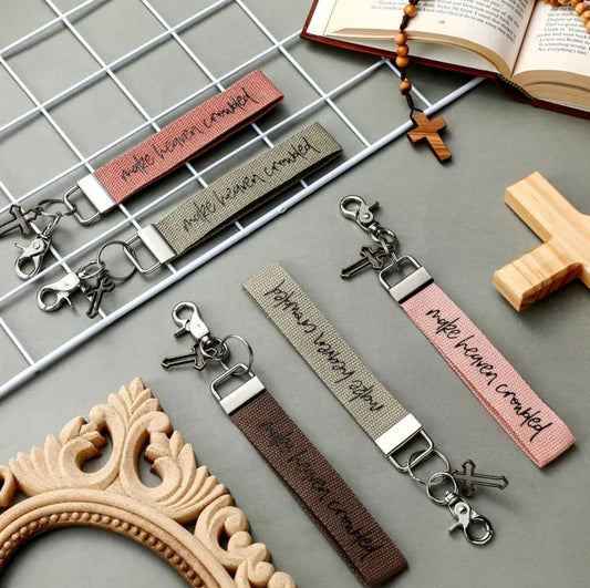 ‘Make Heaven Crowded’ canvas wristlet keychain with cross charm