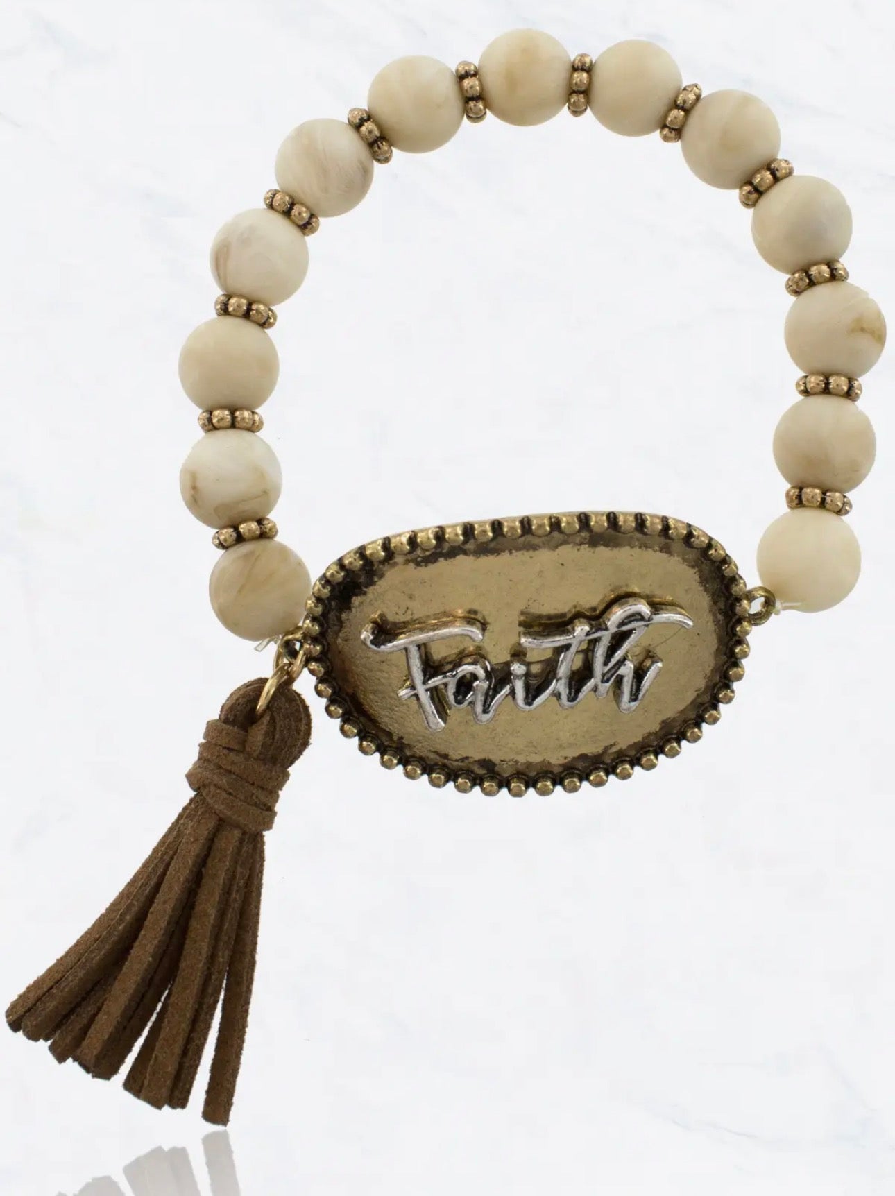 Faith Beaded Stretch Bracelet with Tassel