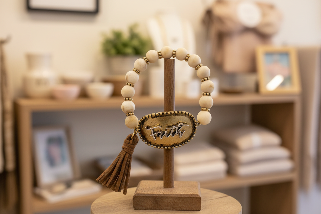 Faith Beaded Stretch Bracelet with Tassel