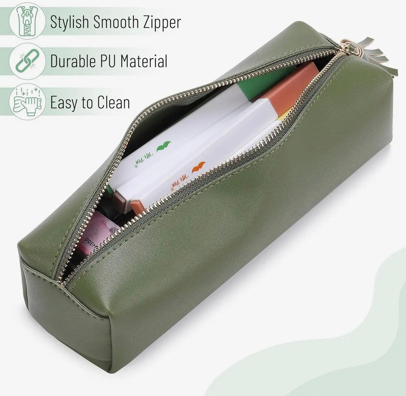 PU Leather Pencil Case, Olive Green