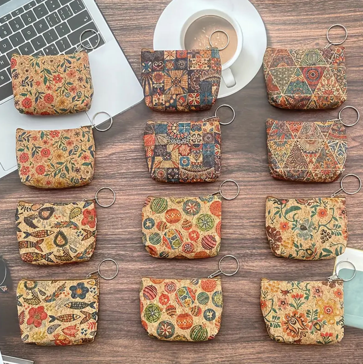 Vibrant Floral & Geometric Print Boho Cork Pouches with Keyring