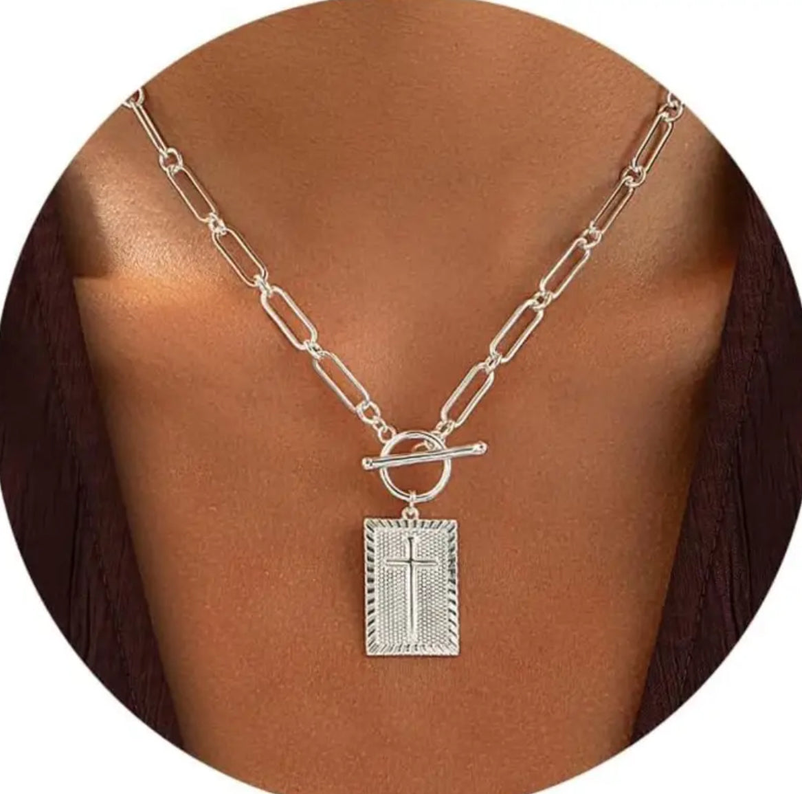 Women’s Elegant Minimalist Cross Pendant Necklace with Loop and Toggle Clasp Closure in both Silver and Gold