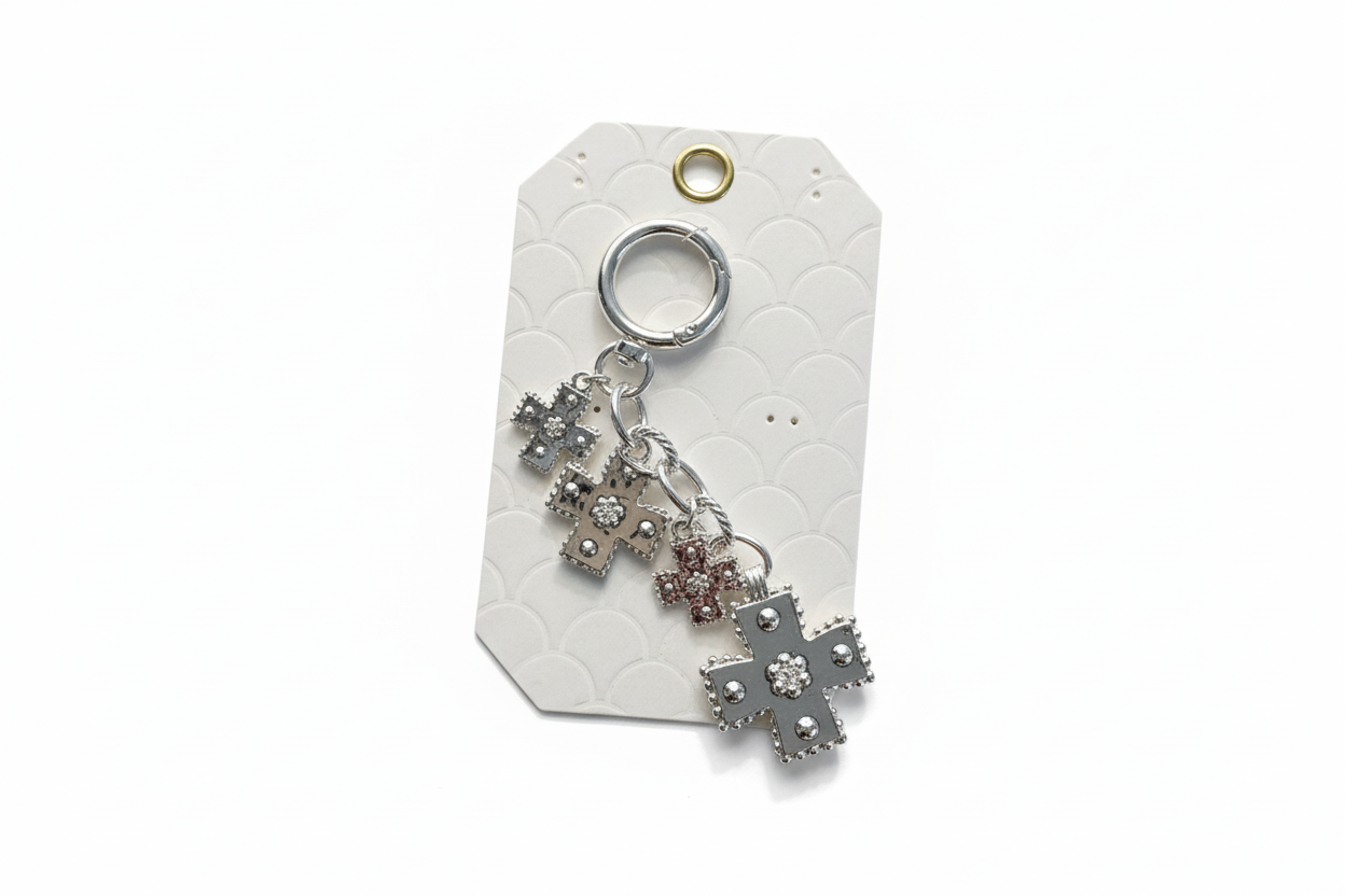 High‑Polish Silver Cross Charm Keychain