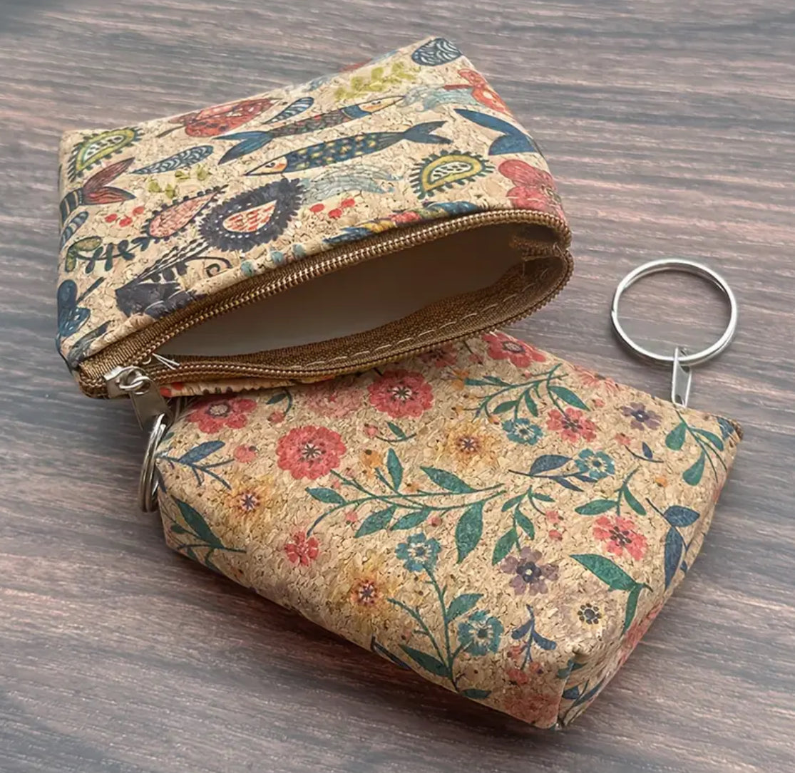 Vibrant Floral & Geometric Print Boho Cork Pouches with Keyring