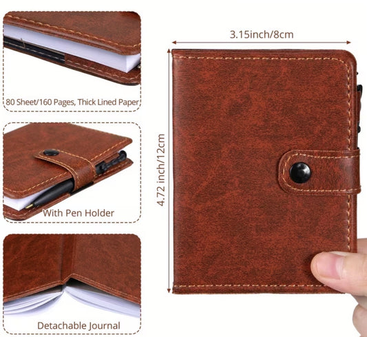 Brown vinyl  mini notebook with pen holder, snap closure and detachable journal feature, showing dimensions and materials.