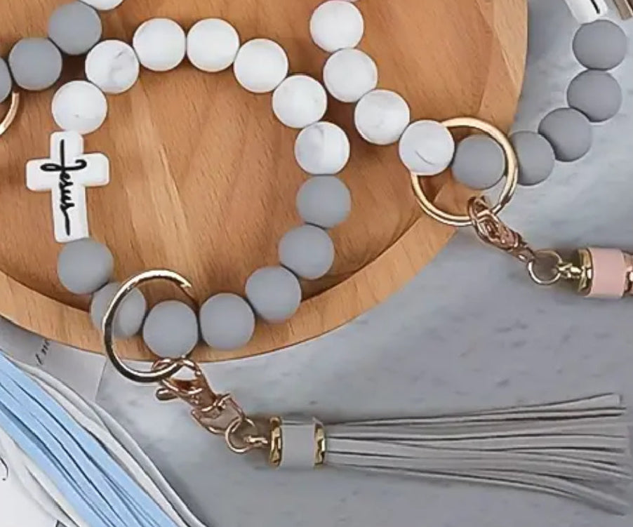 Pastel Silicone Bead Wrist Keychains with Tassel, Lobster Bead Embellished Keychain