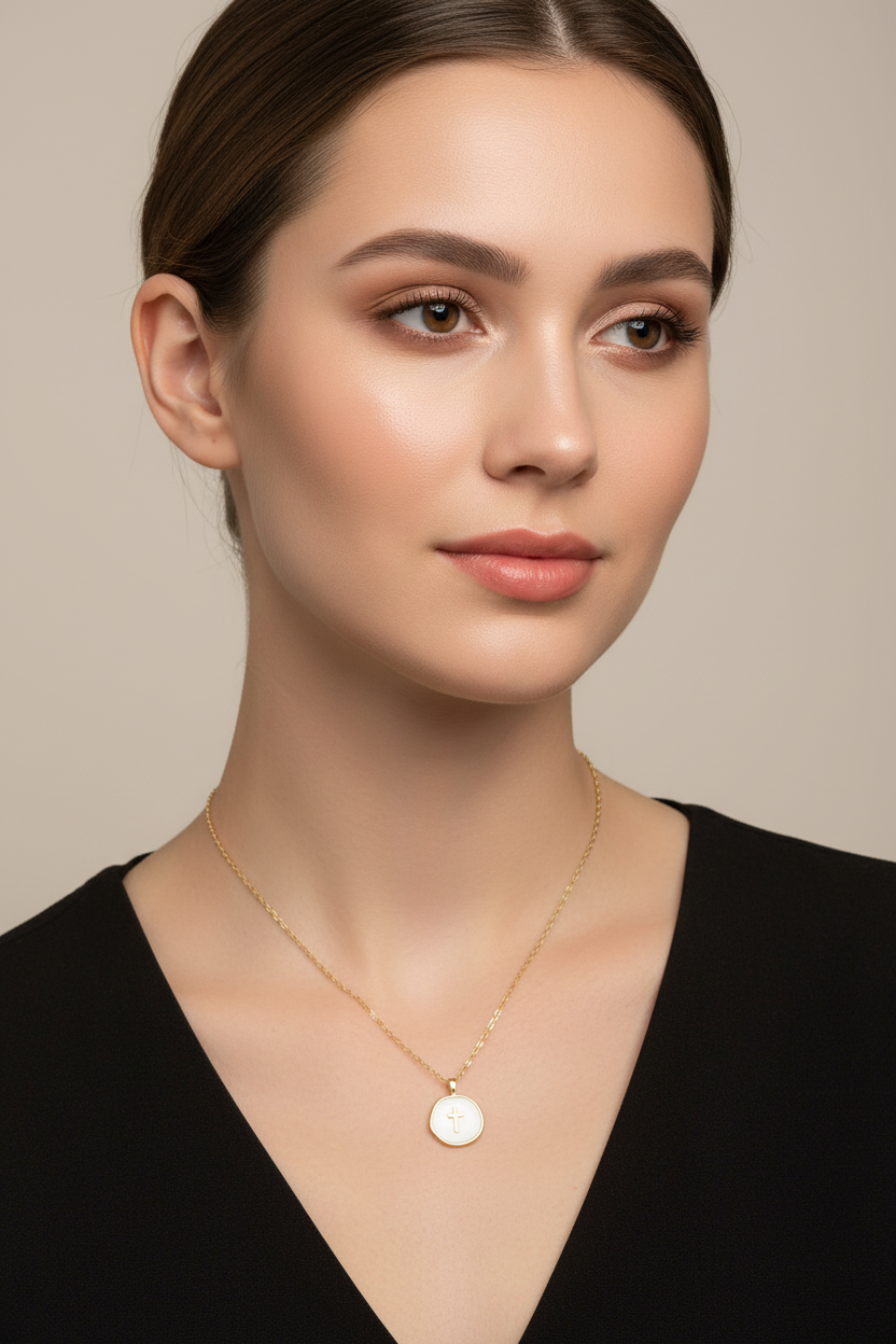 Golden circular cross pendant necklace ￼