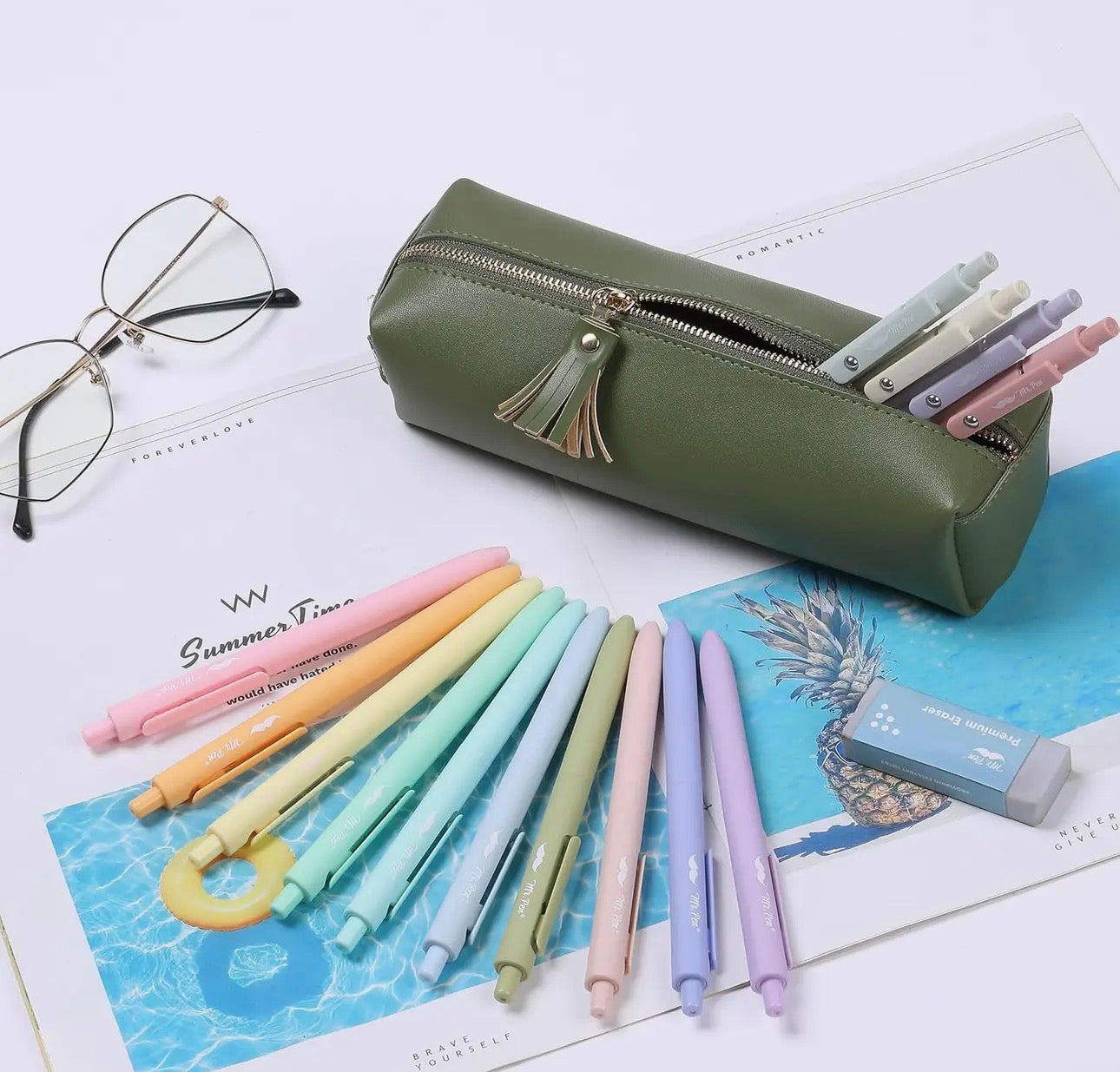 PU Leather Pencil Case, Olive Green