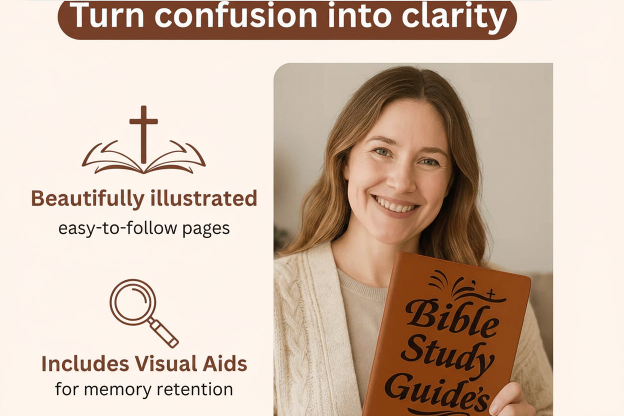 Woman holding a Bible Study Guide with text about its features on the left.