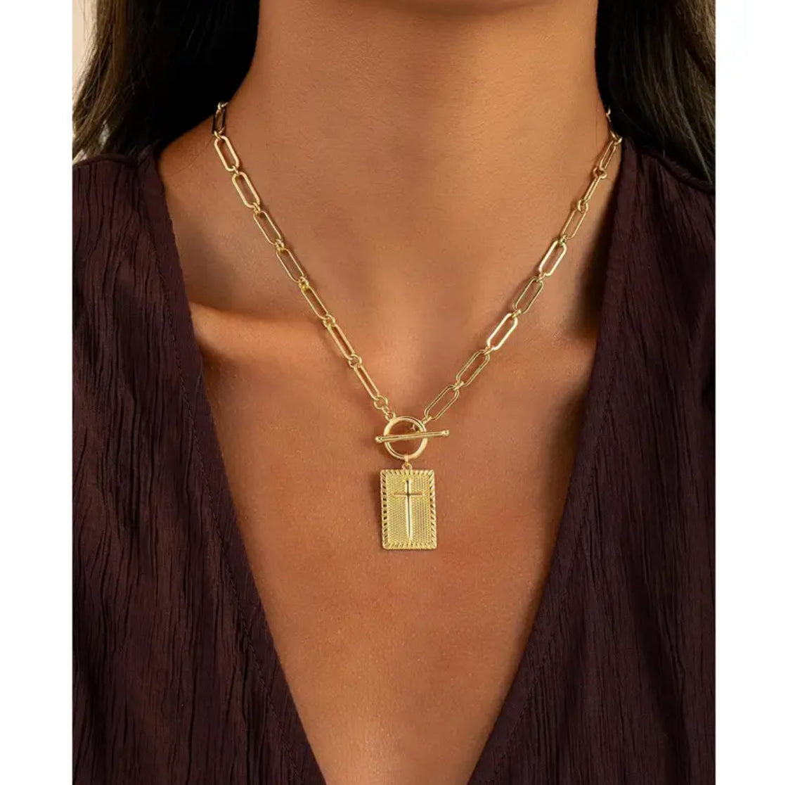 Women’s Elegant Minimalist Cross Pendant Necklace with Loop and Toggle Clasp Closure in both Silver and Gold