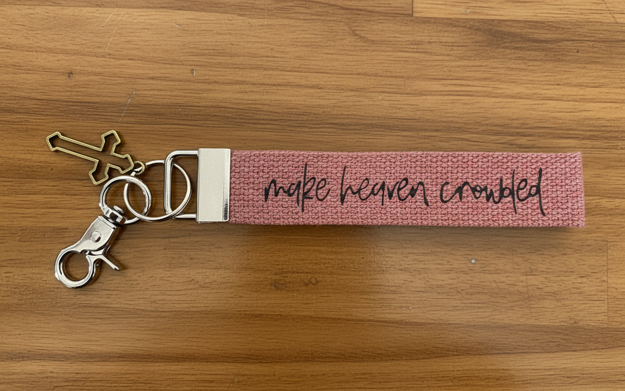 ‘Make Heaven Crowded’ canvas wristlet keychain with cross charm