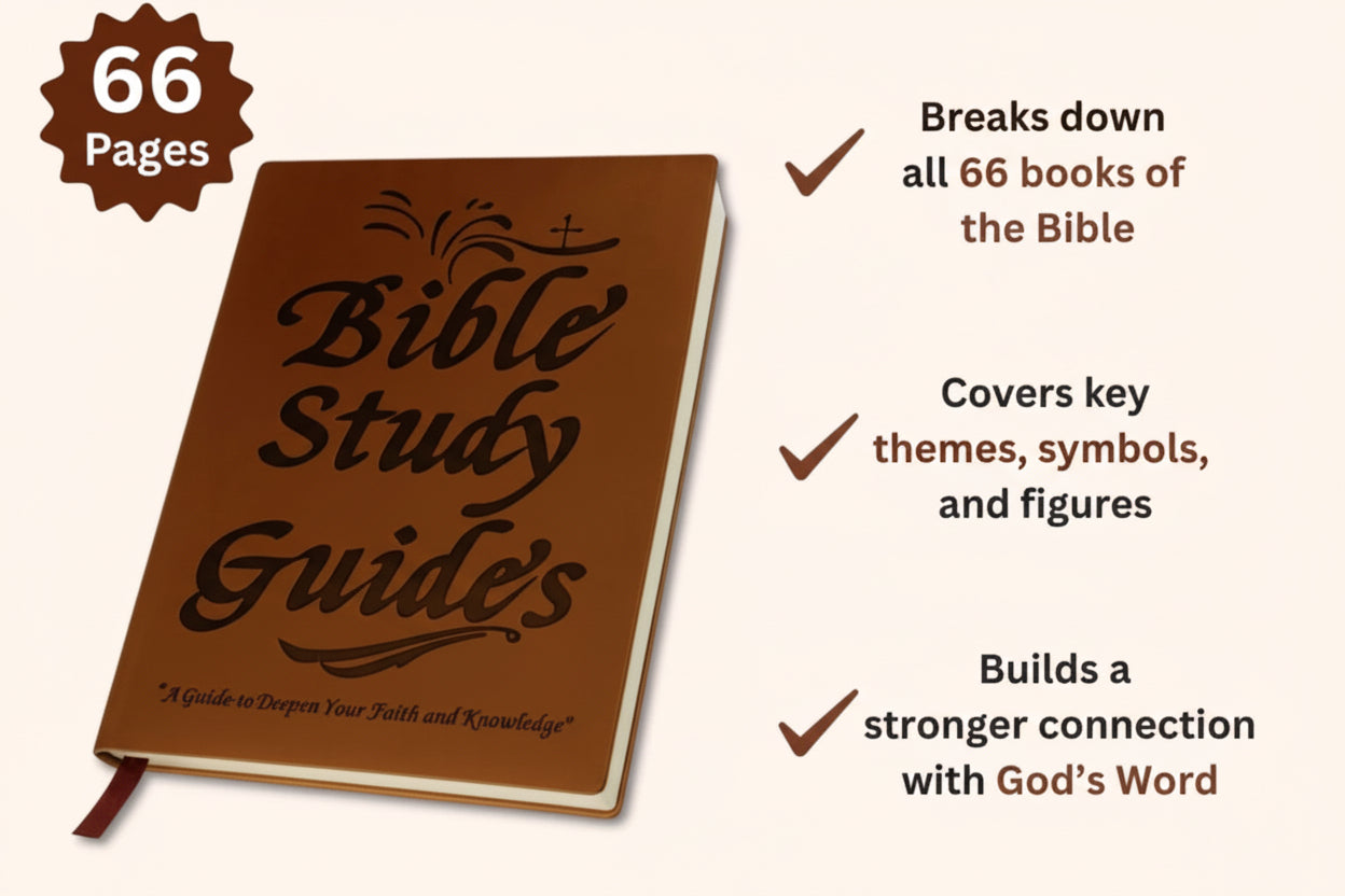 Brown Bible Study Guide with text about its features on a white background