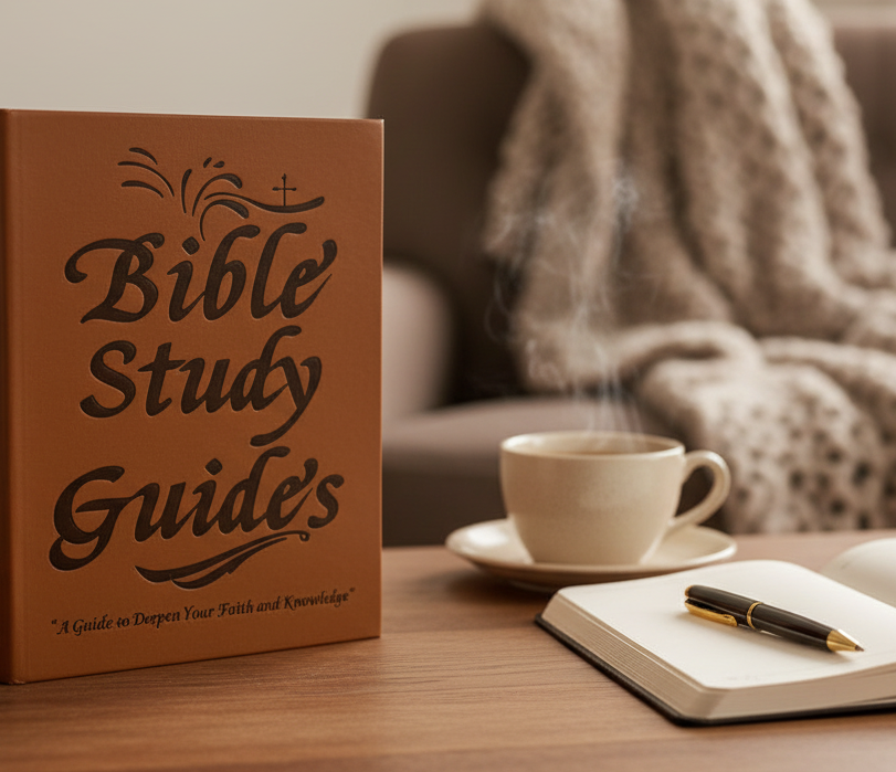 Brown PU Leather Bible Study Guide book on a table with a cup of coffee and notebook.