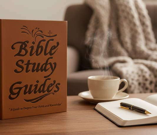 Brown PU Leather Bible Study Guide book on a table with a cup of coffee and notebook.