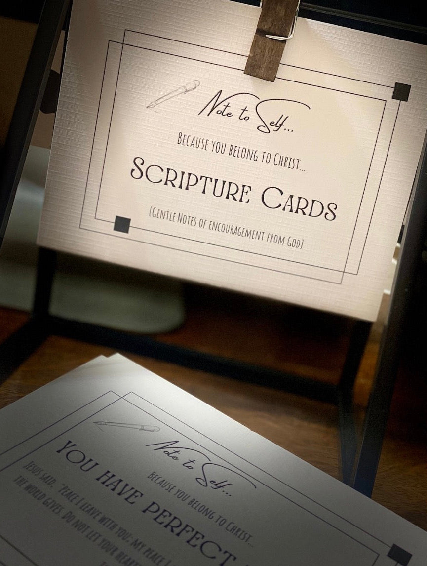 White Scripture Cards with black text on a wooden surface