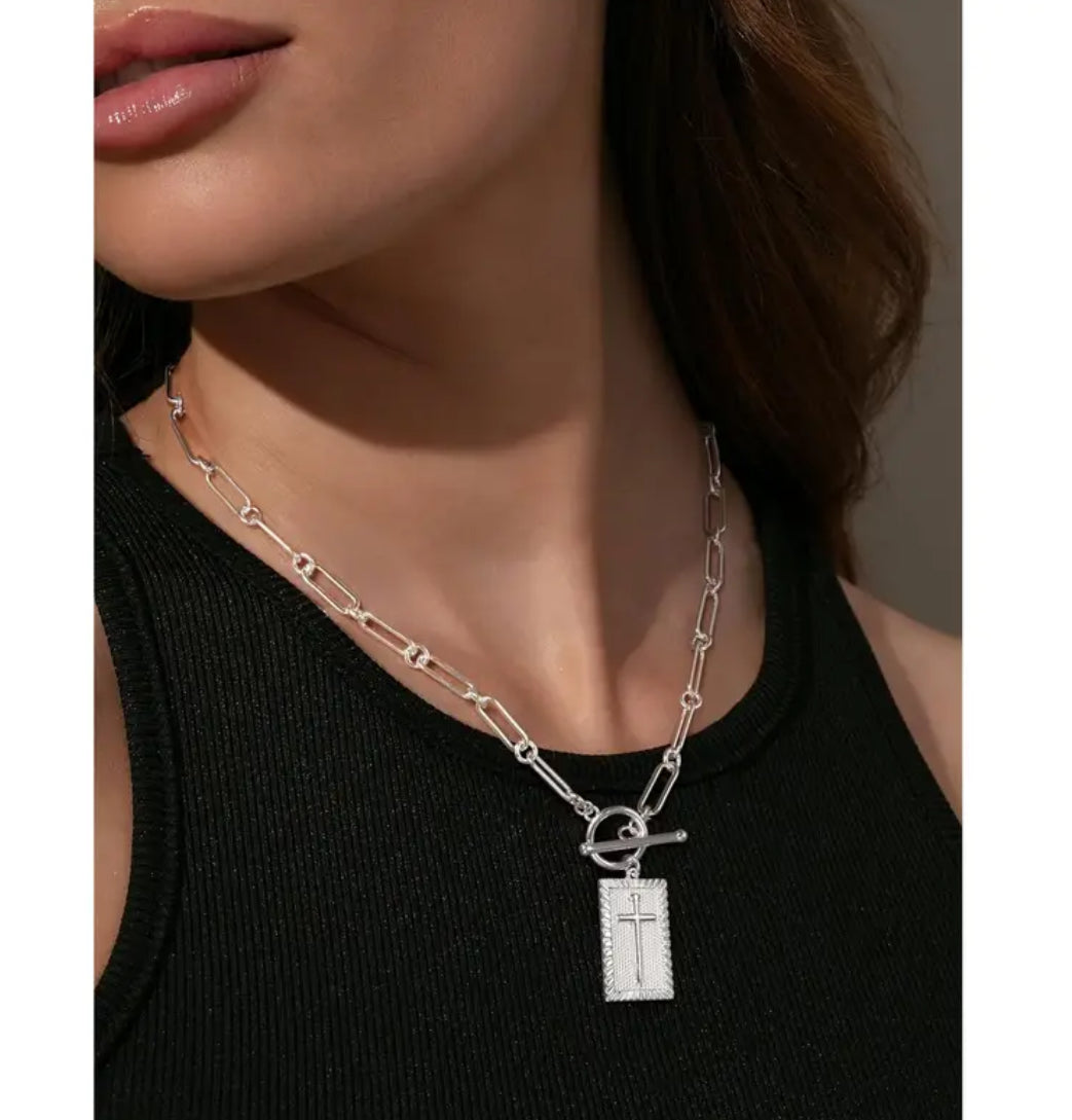 Women’s Elegant Minimalist Cross Pendant Necklace with Loop and Toggle Clasp Closure in both Silver and Gold