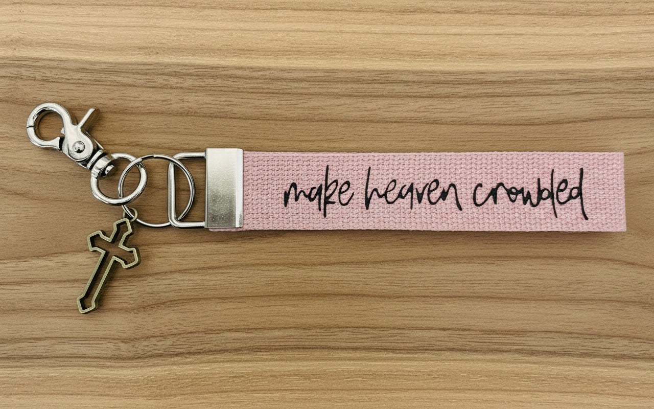 ‘Make Heaven Crowded’ canvas wristlet keychain with cross charm