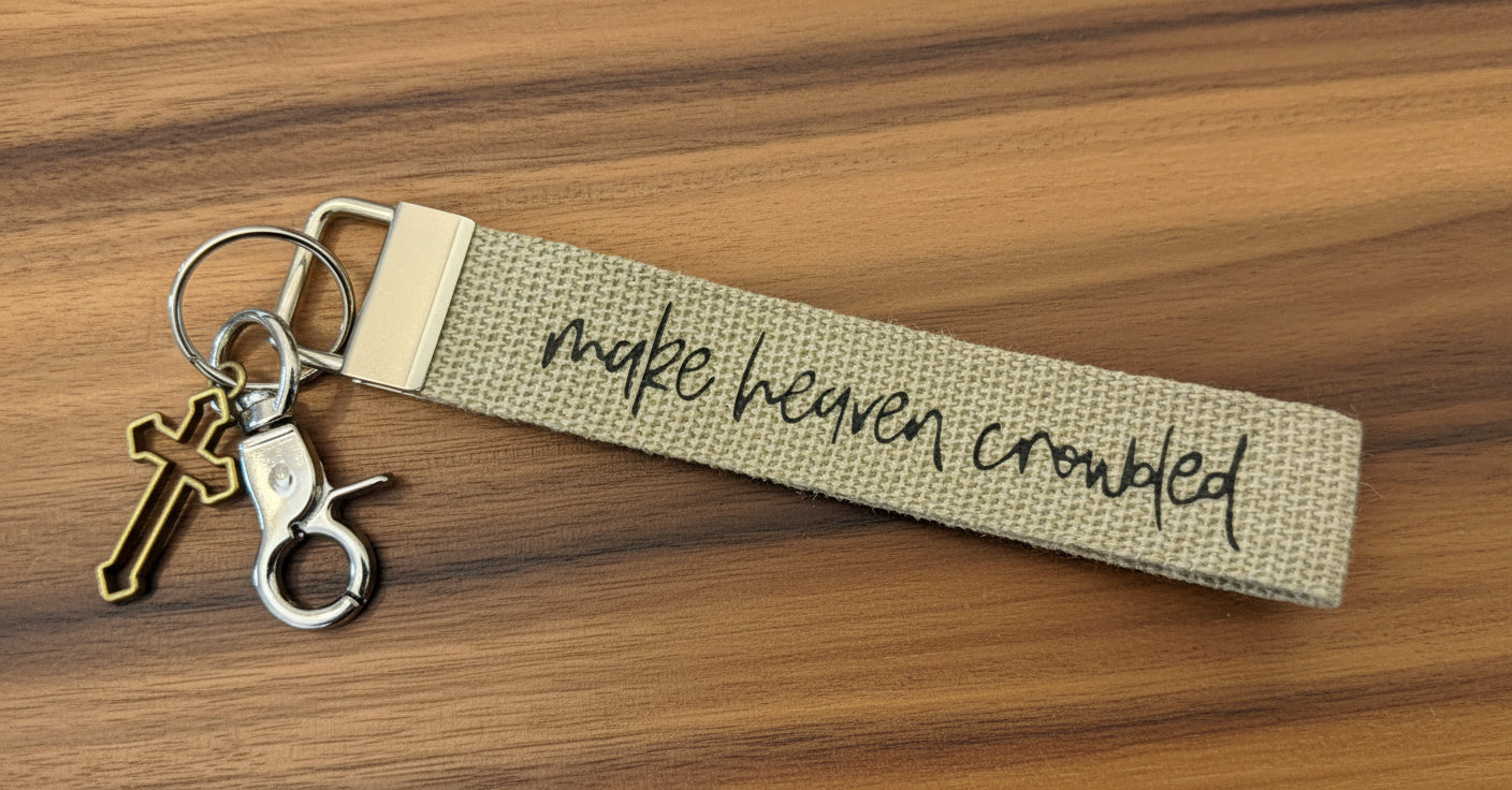 ‘Make Heaven Crowded’ canvas wristlet keychain with cross charm