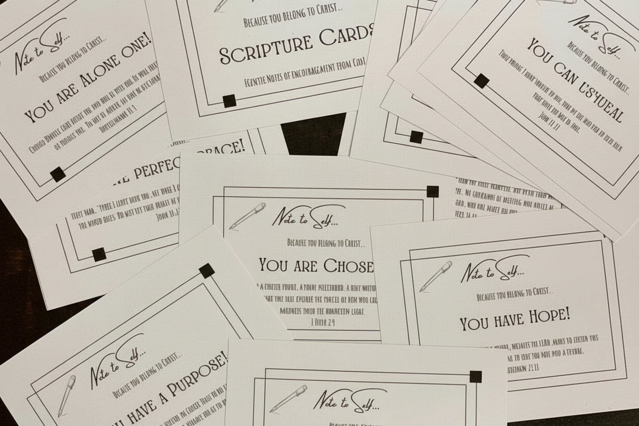 Stack of motivational scripture cards with text on a dark surface
